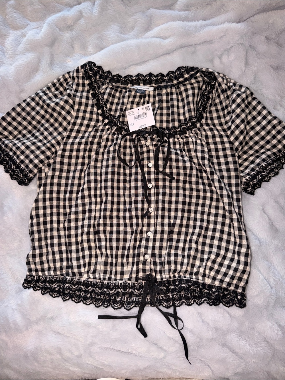 NWT American Eagle Black and Tan Checkered Blouse